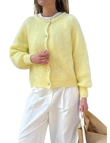 Gilet Col Rond Femme Cardigan en Tricot Court à Manches Longues Pull Veste Boutonnée Casual Vêtement d’éxtérieur Hiver Chaud (Jaune, L)