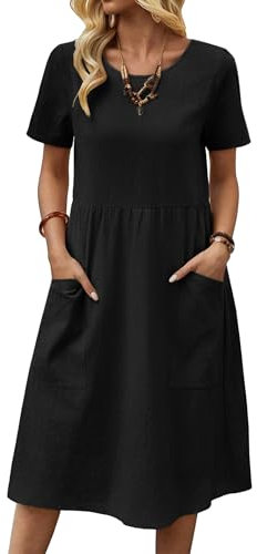 Zeagoo Women's Summer Midi Dress Short Sleeve Shirt Dress Crew Neck Plain Beach Dresses Ladies Casual Dress Knee Length Elegant Dress Black XXL