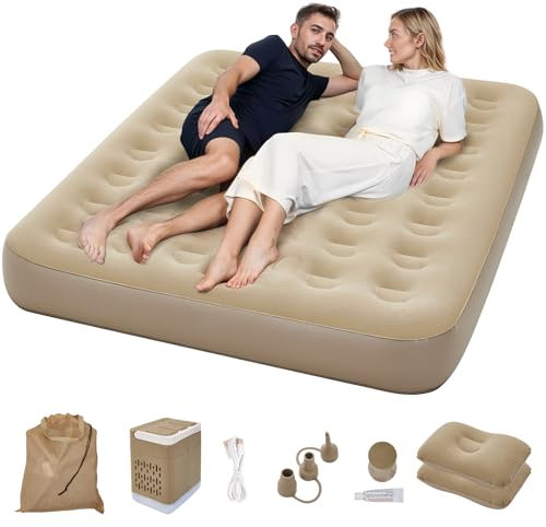 Warmiehomy Double Air Bed with Built-in Electric Pump, Self Inflation&Deflation Mattress with Pillows, Blow Up Bed with Carry Bag for Bedroom, Camping, Indoor&Outdoor, King Airbed 25cm Thickness