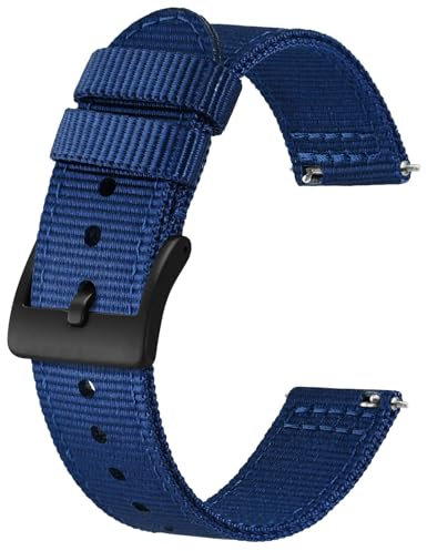 BISONSTRAP Nylon Armband für Herren, Zweiteilige Militär Uhrenarmband, Schnellverschluss, Gebürstete Schnalle, 20mm, Blau (Schwarze Schnalle)
