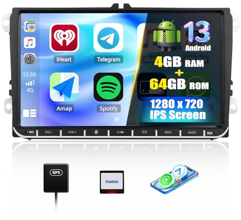 4+64G Android 13 Car Stereo for VW Polo Golf Caddy T5 Tiguan Skoda Seat, 9 inch Double Din Car Stereo Sat Nav Wireless Carplay Android Auto RDS FM EQ Bluetooth Mirror Link SWC