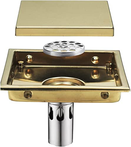 Caniveau de douche carré de 15 cm avec grille d'insertion pour carrelage, caniveau de douche carré avec filtre à cheveux, caniveau de douche en acier inoxydable 304 pour salle de bain, or brossé (or)