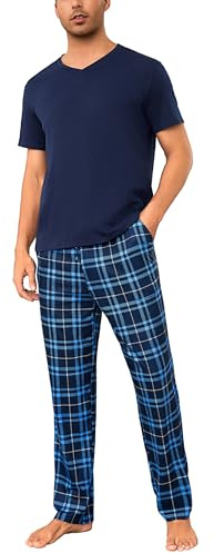 Bresdk Mens Pyjamas Set Short Sleeve Pjs Sets Men's Nightwear Cotton Pyjama V Neck Loungewear Soft Sleepwear