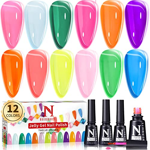 Noirwhite Jelly Gel Nail Polish, Transparent Nail Polish Set Nude Pink Purple Yellow Colors Jelly Nail Polish Kit Home DIY Nail Art Salon Manicure 12 Colors Romantic Galaxy Series Long Lasting