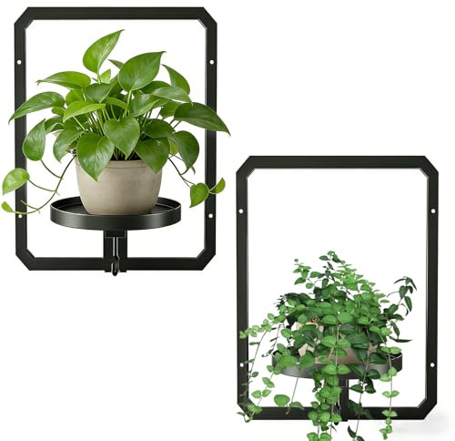 DETENE 2 Stücke Metall Pflanzregal Schwarz Hängende Blumentöpfe | Metall Pflanzenregal Wandbehang Regal Wand für Blumen Pflanzen Garten Balkon Wohnzimmer Terrasse Hof