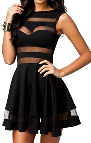 Zeagoo Damen Sexy Hohe Taille Partykleid Cocktailkleid Sommerkleid Bodycon MiniKleid mit Mesh Clubwear A-Linie Kleid M Schwarz
