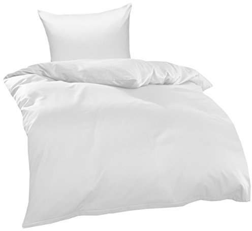 Bettwaesche-mit-Stil Mako Interlock Jersey Bettwäsche Garnitur Uni/enfarbig 100% Baumwolle 155x220 + 80x80 cm, Weiß