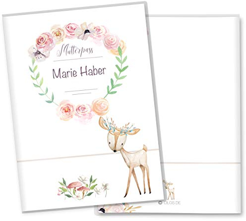 OLGS Mutterpasshülle Cute Boho Reh | Geschenk für Schwangerschaft und werdende Mütter personalisierbar mit Namen - Stilvolle Mutterpass Schutzhülle mit extra Innentasche personalisiert, Reh