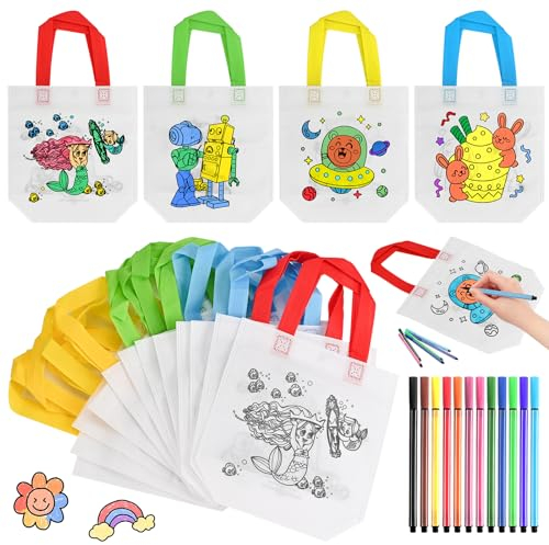 GOLDGE Taschen zum Bemalen für Kinder Set mit 12 Stück Stoffbeutel zum Bemalen & 12 Farbe Buntstifte, Non-Woven Beutel zum Bemalen DIY Graffiti Stofftaschen zum Bemalen für Kindergeburtstag Geschenke