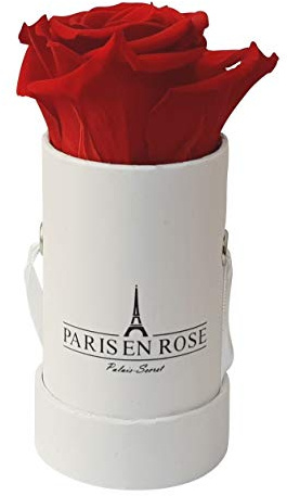 PARIS EN ROSE Rosenbox | mit Einer roten Infinity Rose Größe XL | konservierte ewige Rose | runde weiße Box mit Band | 3 Jahre haltbar