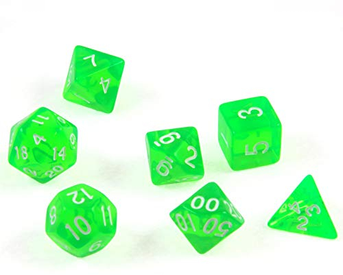 shibby 7 polyedrische Würfel für Rollen- und Tabletopspiele in transparent/grün mit Beutel, 60015385