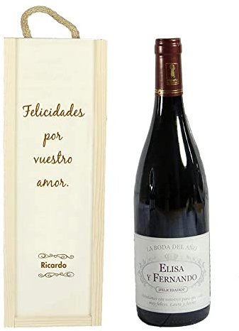 Regalo personalizable para parejas por su boda: botella de vino personalizada con sus nombres y la dedicatoria que tú quieras, en caja de madera personalizada