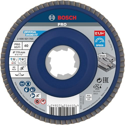 Bosch 1x PRO Metal X571 Fächerschleifscheibe, abgewinkelte Ausführung für X-Lock (für Stahl, Edelstahl, Ø 115 mm, Körnung 40, Professional Zubehör Kleiner Winkelschleifer)