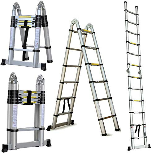 3,8 m ausziehbare Leiter, A-Rahmen (1,9 + 1,9 m) Klappleiter, Aluminium, tragbare Mehrzweck-Loftleiter, 150 kg Tragkraft, für Zuhause, Büro, Heimwerker, Bauarbeiter, Innen- und Außenbereich