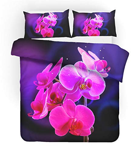 QRTQ Violet Sets de Housses de couettes 240x260cm Orchidée Motif Parure de lit en Microfibre avec 2 taies d'oreiller Doux et Respirant Hypoallergène avec Fermeture éclair