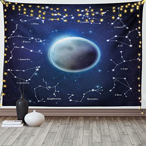 ABAKUHAUS Astronomie Wandteppich, Sternzeichen Around Mond aus Weiches Mikrofaser Stoff Waschbar ohne Verblassen Digitaldruck, 150 x 110 cm, Nachtblau Dunkelgrau
