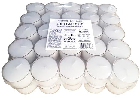 Risthò Tealight con Cup Trasparente Ø 3,9 cm h. 2,7 cm 50 Pezzi-Durata 8 Ore-Cereria di Giorgio, Cera di paraffina, Bianco, 3.9 cm, unità