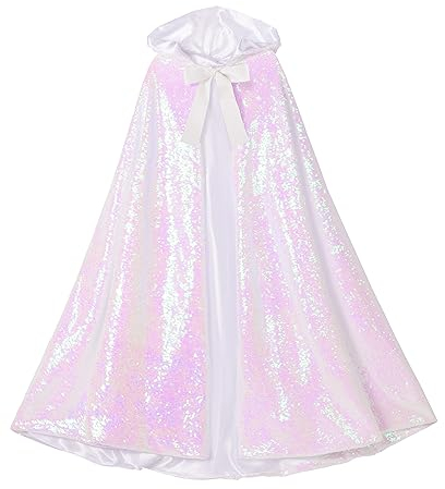 yeesn Kinder-Pailletten-Kapuzenumhang, volle Länge, langer Umhang für Prinzessinnen, Mädchen, Kostüm, Weihnachten, Halloween, Party, Cosplay (5–10 Jahre, Weiß)