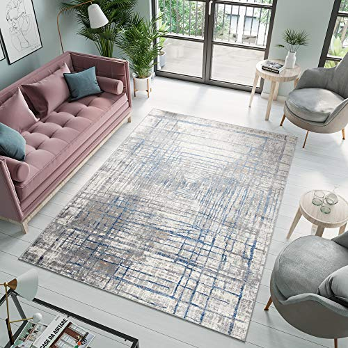 TAPISO Valley Teppich Kurzflor Grau Blau Mehrfarbig Linien Streifen Meliert Verwischt Abstrakt Modern Wohnzimmer Schlafzimmer ÖKO-TEX 80 x 150 cm