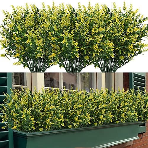 Mnixy 12 Bundles Artificial Flowers Outdoor Artificial Flowers UV Resistant Shrubs Plants Hanging Planter Home Wedding Porch Window Garden Decor (Yellow)