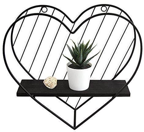 SUMGAR Black Floating Shelves Bathroom Bedroom Wall Mounted Heart Shelf Metal Wire Shelves Storage & Display Unit Home Decor Organiser with Wooden Board