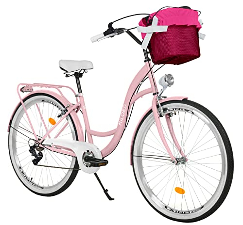 Milord Komfort Fahrrad mit Korb Hollandrad, Damenfahrrad, Citybike, Retro, Vintage, 26 Zoll, Rosa, 7-Gang