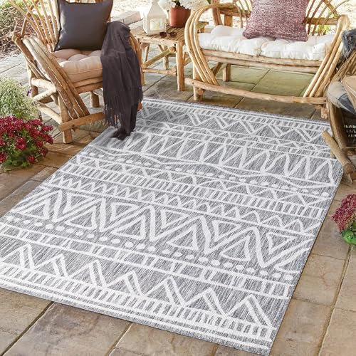 payé Outdoor Teppich Wetterfest - 140x200cm - Grau Weiß - Ethno Look - Teppiche für Terrasse Balkon Garten Indoor