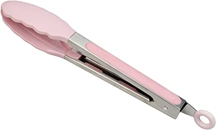 22,9 cm Kochzange mit Silikonspitzen, Edelstahlzange mit Silikon-Gummigriffen, mittlere Größe, Metall-Grillzange mit Verriegelung (rosa)