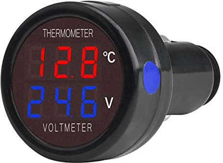 VOKTTA 2 in 1 Voltmetro Digitale Termometro DC 12V 24V 36V, tensione batteria misuratore di temperatura monitor tester indicatore di livello per auto camion autobus(Rosso+Blu)