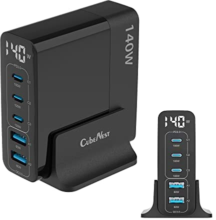 Cubenest 140W USB Ladestation | 2 x USB A + 3 x USB C Ladegerät mit LCD Display | GaN Ladegerät USB C | PD 3.0, 5-Port Power Adapter kompatibel mit MacBook Pro/Air, iPhone 14 Pro Max/Pro/14 usw.