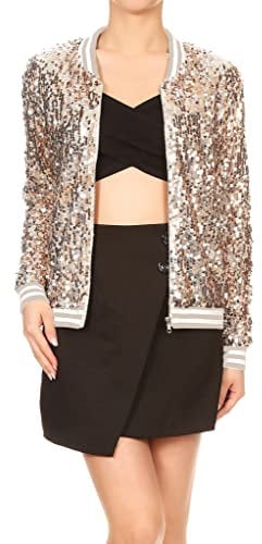 ANNA-KACI Damen Pailletten Rib Rop Langarm Reißverschluss Bomberjacke Jacke, Champagner, X-Large
