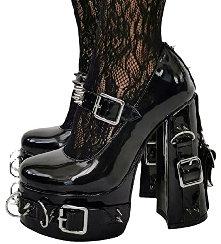 Only maker Damen Mary Jane Pumps Lolita Plateau High Heels Blockabsatz mit Nieten Schnallen Metallingen Lack Schwarz 37 EU