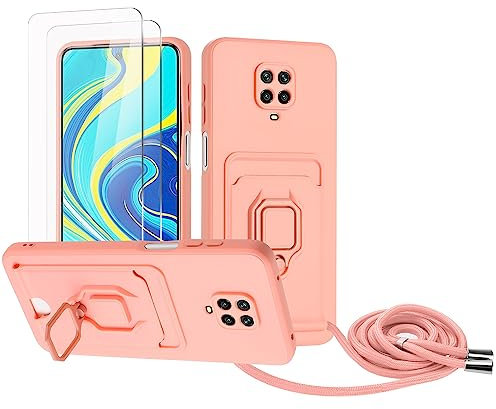 Zallagre Funda con Cuerda Compatible con Redmi Note 9 Pro/Note 9S,[2 Packs Cristal Templado],Ranura para Tarjetas,Cubierta de Cámara Deslizante Proteger,360 Anillo Soporte-Rosa