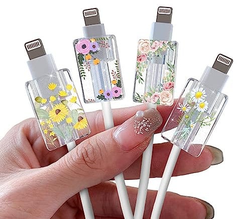 DiyGody Glitter Bling Cable Protector for iPhone Type-c Charger,Sparkle Flowers Garden Pattern 4 PCS Set Cable Phone Protector for Women Girls,Charging Cord Protector,Cable Chomper,Cord Saver