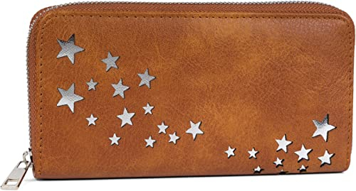 styleBREAKER Damen Portemonnaie mit Metallic Stern Cut-Outs, Reißverschluss, Geldbörse 02040115, Farbe:Cognac
