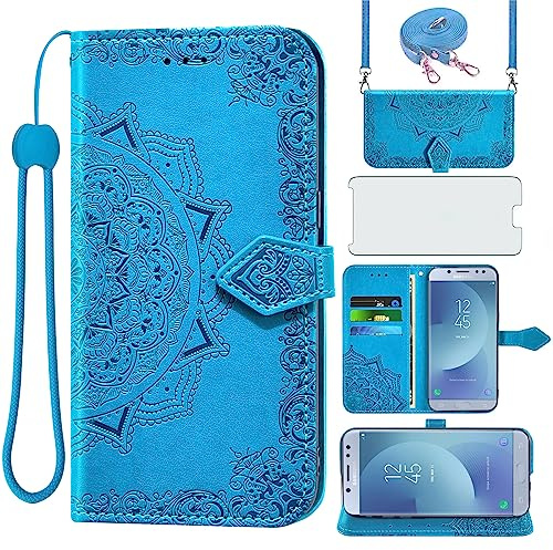 Asuwish Coque pour Samsung Galaxy J5 2017 avec Verre Trempé Protecteur D'écran Rabat Support Cuir Porte Carte Portefeuille Mandala Étui J5 Pro Duos SM-J530F/DS J530F Housse Phone Cover Case Bleu