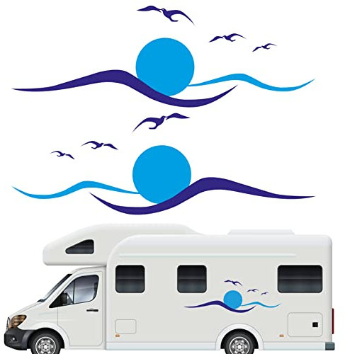 Gift Island Adesivo in vinile con onde e gabbiani, per camper e camper, accessori per camper, grafiche originali, camper e roulotte, dimensioni dettagliate