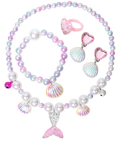 5 Stück Meerjungfrau Schmuck für Mädchen,Meerjungfrau Kinder Schmuck mit Halskette, Ringe, Armbänder, Ohrring, Armbänder,Meerjungfrau-Prinzessin-Schmuck für Mädchen Party Dress up Geburtstagsgeschenk