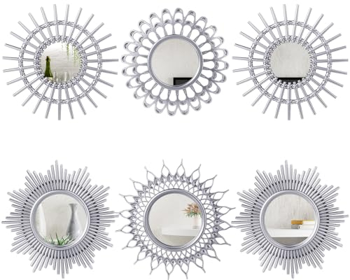 Namalu 6 Stück Wanddeko Spiegel Kleine Kreisform Sonnenspiegel Espejos Dekorative Wandkunst Eingangsspiegel Hängende Kreis Spiegel für Wand Haus Badezimmer (Silber, Klassisch)