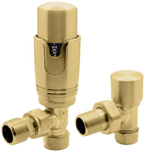 Gold Angled Thermostatic Radiator Valves TRV Modern Radiator Valves 15mm x 1/2 (Set of 2) for Heated Towel Rails & Central Heating Radiators Radiator Valve Set