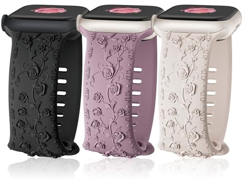 3 Piezas Correas Floral Grabado para Apple Watch 44mm 42mm 45mm 49mm Mujeres,Soft silicona elegante rosa patrón reemplazo pulsera para iWatch Se Ultra 2/Ultra serie 9 8 7 6 5 4 3 2 1
