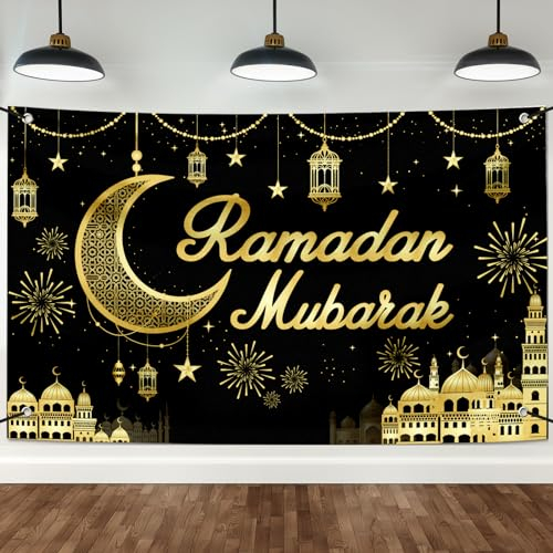 Extra Große Ramadan Mubarak Banner Deko Eid Kareem Backdrop für Dekorationen 180x110 cm,Fotografie-Banner für muslimische Innendekoration, Partyzubehör Schwarz Gold