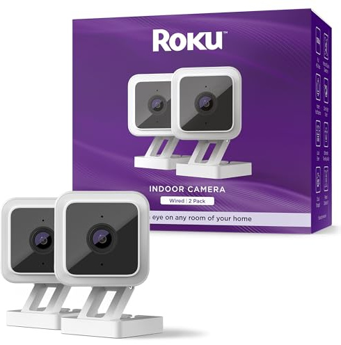Roku Indoor Camera for Home Security, 2-Pack - Wired Security Camera with 1080p HD Color Night Vision, Works with Alexa & Google, Motion & Sound Detection, Built-in Siren, 90-Day Subscription Included