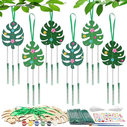 HONMOK 9 Stück Monstera Blätter Windspiel Bastelset Kinder Holz Hawaii Basteln Tropische Palmenblätter Klangspiel DIY Kreativsets für Jungen Mädchen Dschungel Sommer Aloha Luau Hawaiian Party