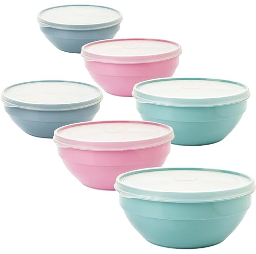 SUSTANIA Schüssel mit Deckel 1.5l, 6er Rührschüssel, Salatschüssel mit Deckel, Schüssel set aus BPA-frei Kunststoff (PP), Farbe: hell grau, pastell rosa, pastell grün, Transparent Deckel, Made in EU