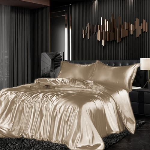 Bettwäsche Set Satin 200x200cm 3teilig Gold Silky Touch Glänzend Seide Einfarbig Bettbezug Set Glatt Luxus Gelb Bettwäsche Set weicher Doppelbettmit Reissverschluss und Kissenbezüge 80x80cm