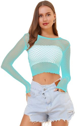 LemonGirl Women Fishnet Long Sleeve Crop Top Lingerie Babydoll Chemise Mesh Tops US2-16 Lightblue