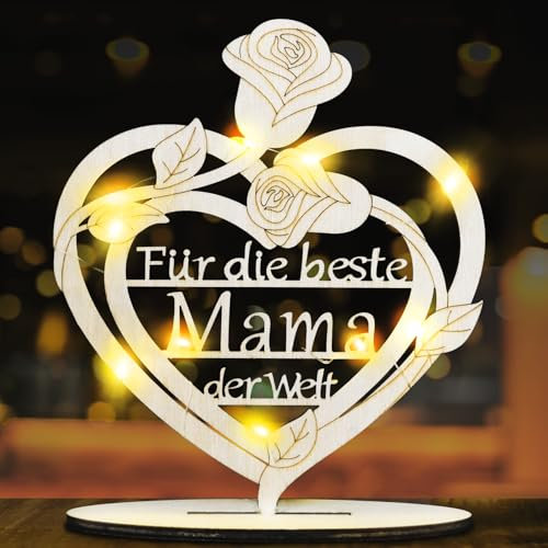 Geschenke für Mama Beste Mama der Welt Holz Herz Deko mit LED, Mutter Geschenke Beste Mama Geburtstagsgeschenk Muttertagsgeschenk für Mama Geschenk Geburtstag Weihnachten Muttertag. (Weiß)