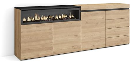 Skraut Home | Buffet, Bahut | Meuble de Rangement | 207x75x35 cm | Chambre à Coucher, pièce | Cheminée électrique | Commode, Buffet | Style Moderne | Chêne