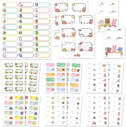 192 Pcs Cute Name Labels for Kids, Waterproof Clothing Name Tag Stickers School Uniform and Care Homes, Multipurpose Stickers on Children's School Supplies for Books Bottle Boxes Bags Tag (17 Sheets)
